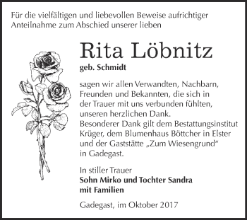 Traueranzeige von Rita Löbnitz von WVG - Wochenspiegel Wittenberg