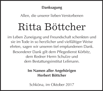 Traueranzeige von Ritta Böttcher von WVG - Wochenspiegel Wittenberg