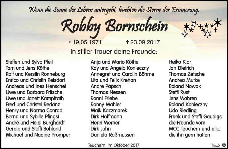  Traueranzeige für Robby Bornschein vom 11.10.2017 aus Mitteldeutsche Zeitung Weißenfels