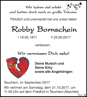 Traueranzeige von Robby Bornschein von WVG - Wochenspiegel NMB / WSF / ZTZ