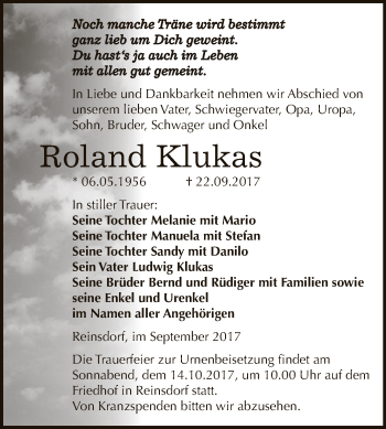 Traueranzeige von Roland Klukas von WVG - Wochenspiegel NMB / WSF / ZTZ