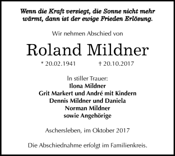Traueranzeige von Roland Mildner von Mitteldeutsche Zeitung Aschersleben