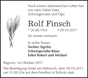 Traueranzeige von Rolf Finsch von Super Sonntag Merseburg