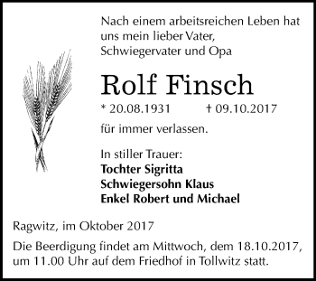 Traueranzeige von Rolf Finsch von Mitteldeutsche Zeitung Merseburg/Querfurt