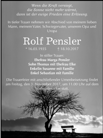Traueranzeige von Rolf Pensler von Mitteldeutsche Zeitung Halle/Saalkreis