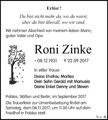 Traueranzeige von Roni Zinke von WVG - Wochenspiegel NMB / WSF / ZTZ