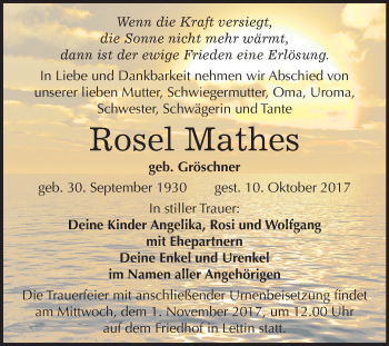 Traueranzeige von Rosel Mathes von Mitteldeutsche Zeitung Halle/Saalkreis