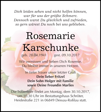 Traueranzeige von Rosemarie Karschunke von WVG - Wochenspiegel Bitterfeld
