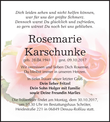 Traueranzeige von Rosemarie Karschunke von Mitteldeutsche Zeitung Dessau-Roßlau