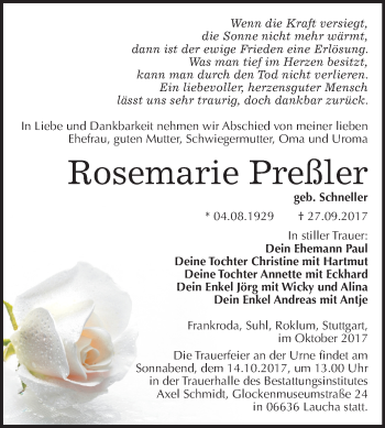 Traueranzeige von Rosemarie Preßler von Mitteldeutsche Zeitung
