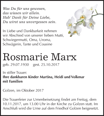 Traueranzeige von Rosmarie Marx von Mitteldeutsche Zeitung