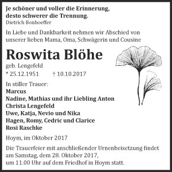 Traueranzeige von Roswita Blöhe von Super Sonntag Aschersleben