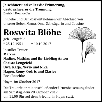 Traueranzeige von Roswita Blöhe von Mitteldeutsche Zeitung Aschersleben