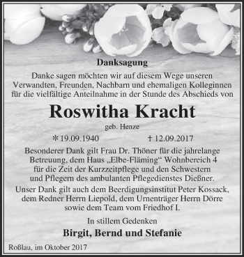 Traueranzeige von Roswitha Kracht von WVG - Wochenspiegel Dessau / Köthen