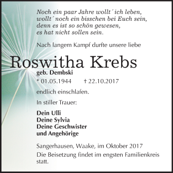 Traueranzeige von Roswitha Krebs von Mitteldeutsche Zeitung Sangerhausen