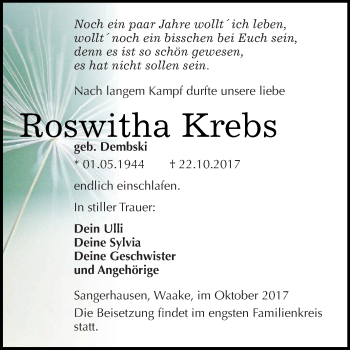 Traueranzeige von Roswitha Krebs von Super Sonntag SGH Mansf. Land