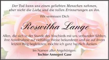 Traueranzeige von Roswitha Lange von Mitteldeutsche Zeitung