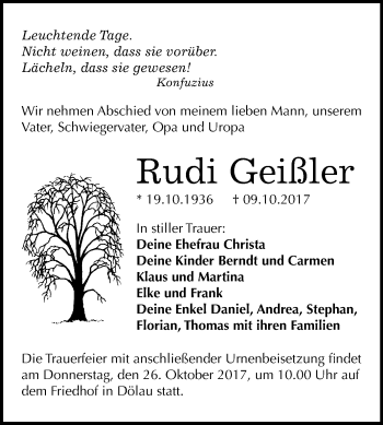 Traueranzeige von Rudi Geißler von Mitteldeutsche Zeitung Halle/Saalkreis