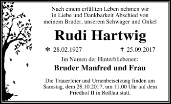 Traueranzeige von Rudi Hartwig von Mitteldeutsche Zeitung Dessau-Roßlau