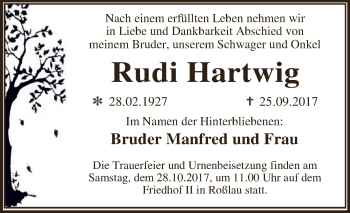 Traueranzeige von Rudi Hartwig von WVG - Wochenspiegel Dessau / Köthen
