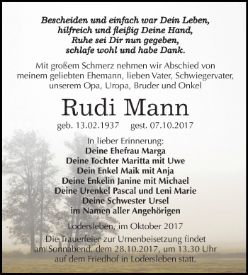 Traueranzeige von Rudi Mann von Mitteldeutsche Zeitung Merseburg/Querfurt