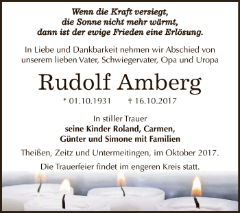 Traueranzeige von Rudolf Amberg von Super Sonntag Zeitz