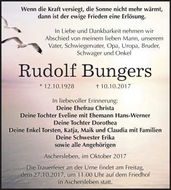 Traueranzeige von Rudolf Bungers von Mitteldeutsche Zeitung Aschersleben