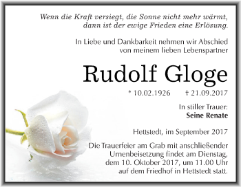 Traueranzeige von Rudolf Gloge von Wochenspiegel Mansfelder Land
