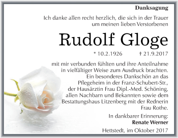 Traueranzeige von Rudolf Gloge von Wochenspiegel Mansfelder Land