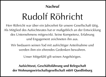 Traueranzeige von Rudolf Röhricht von Mitteldeutsche Zeitung Quedlinburg