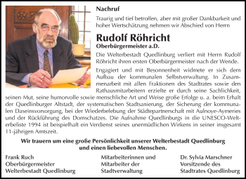 Traueranzeige von Rudolf Röhricht von Mitteldeutsche Zeitung Quedlinburg