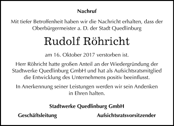 Traueranzeige von Rudolf Röhricht von Mitteldeutsche Zeitung Quedlinburg