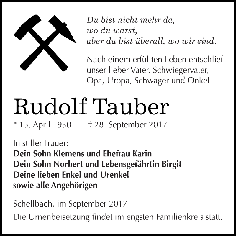  Traueranzeige für Rudolf Tauber vom 07.10.2017 aus Super Sonntag Zeitz