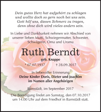 Traueranzeige von Ruth Berndt von Mitteldeutsche Zeitung Merseburg/Querfurt