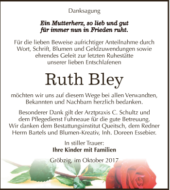 Traueranzeige von Ruth Bley von WVG - Wochenspiegel Dessau / Köthen