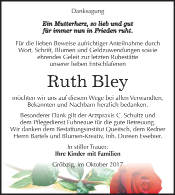 Traueranzeige von Ruth Bley von Mitteldeutsche Zeitung Köthen
