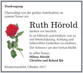 Traueranzeige von Ruth Hörold von Wochenspiegel Mansfelder Land