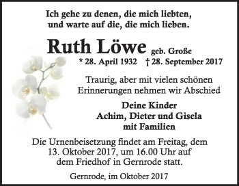 Traueranzeige von Ruth Löwe von WVG - Wochenspiegel Quedlinburg