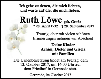 Traueranzeige von Ruth Löwe von Mitteldeutsche Zeitung Quedlinburg