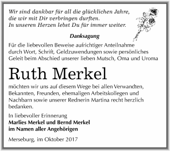 Traueranzeige von Ruth Merkel von WVG - Wochenspiegel Merseburg