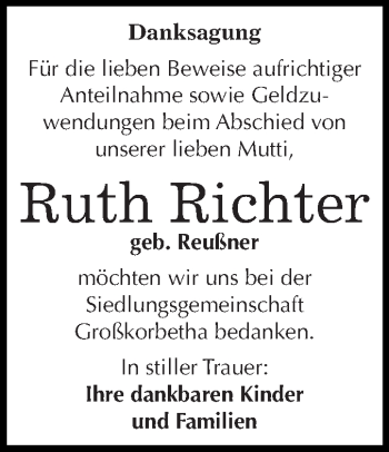 Traueranzeige von Ruth Richter von WVG - Wochenspiegel NMB / WSF / ZTZ