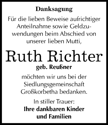 Traueranzeige von Ruth Richter von Mitteldeutsche Zeitung