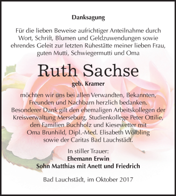Traueranzeige von Ruth Sachse von Mitteldeutsche Zeitung