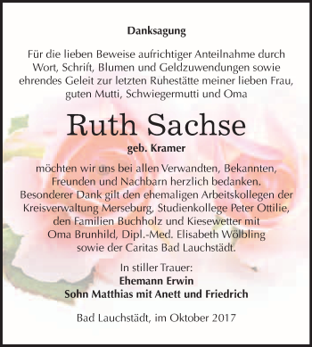 Traueranzeige von Ruth Sachse von WVG - Wochenspiegel Merseburg