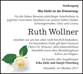 Traueranzeige von Ruth Wollner von Mitteldeutsche Zeitung