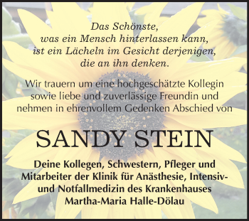 Traueranzeige von Sandy Stein von Mitteldeutsche Zeitung Halle/Saalkreis