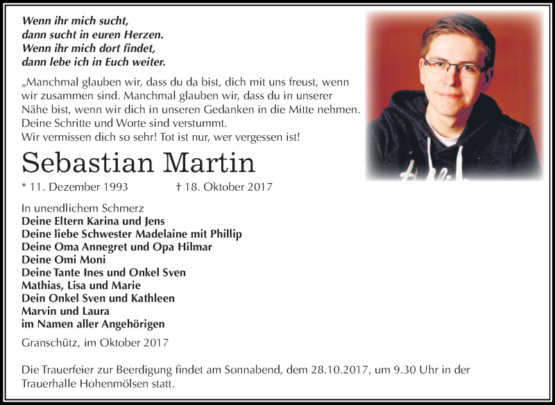  Traueranzeige für Sebastian Martin vom 25.10.2017 aus Mitteldeutsche Zeitung Weißenfels