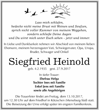 Traueranzeige von Siegfried Heinold von WVG - Wochenspiegel Merseburg