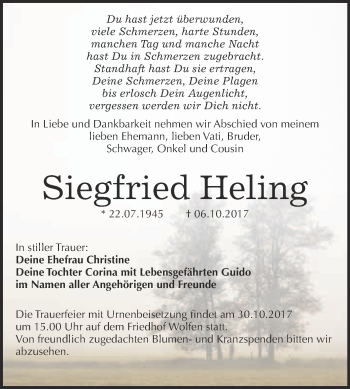 Traueranzeige von Siegfried Heling von WVG - Wochenspiegel Bitterfeld