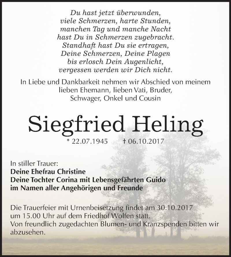  Traueranzeige für Siegfried Heling vom 21.10.2017 aus Mitteldeutsche Zeitung Bitterfeld